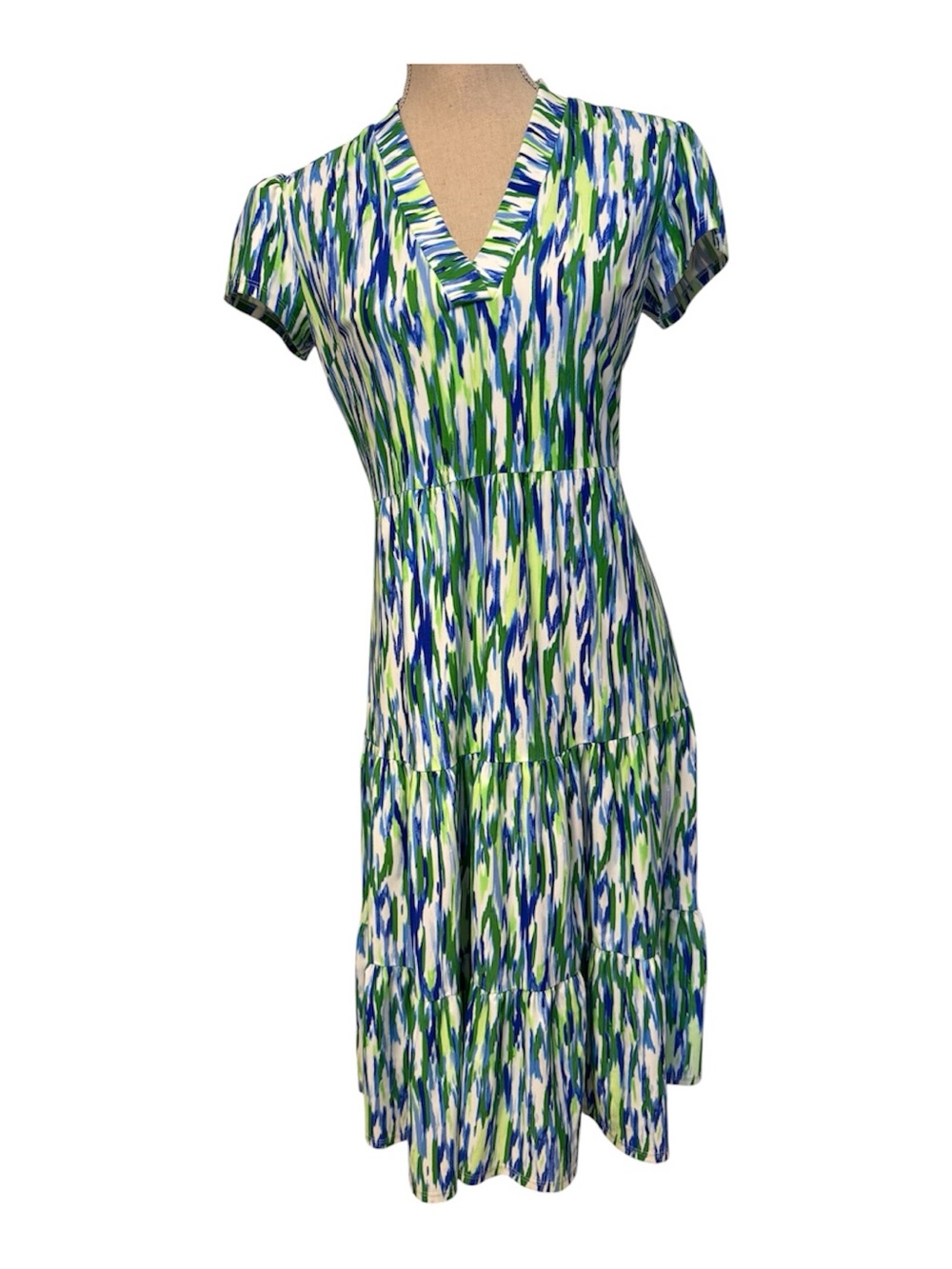 JUDE CONNALLY DRESS MIDI STRETCH BLUE WHITE GREEN CAP SLEEVE V-NECK Size XS